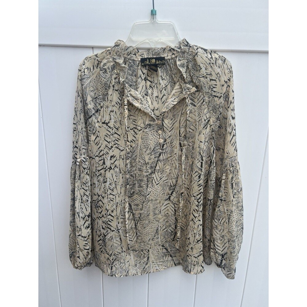 80 Park Womens Top Sheer Long Sleeve Tie Neck Petite XS Gold Vintage